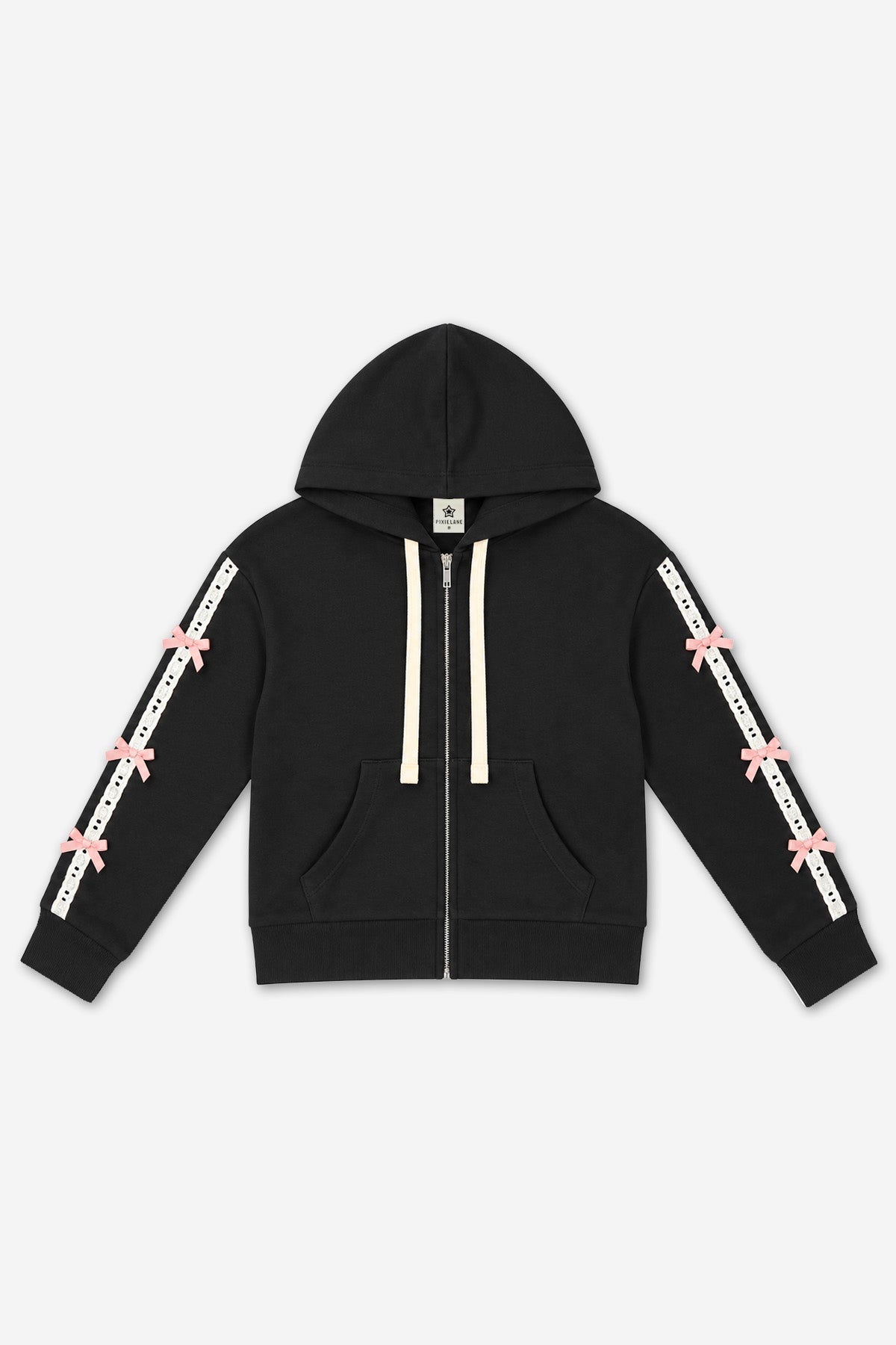 Butter French Terry Drop Shoulder Zip Hoodie - Black Pink Bow - NEW!