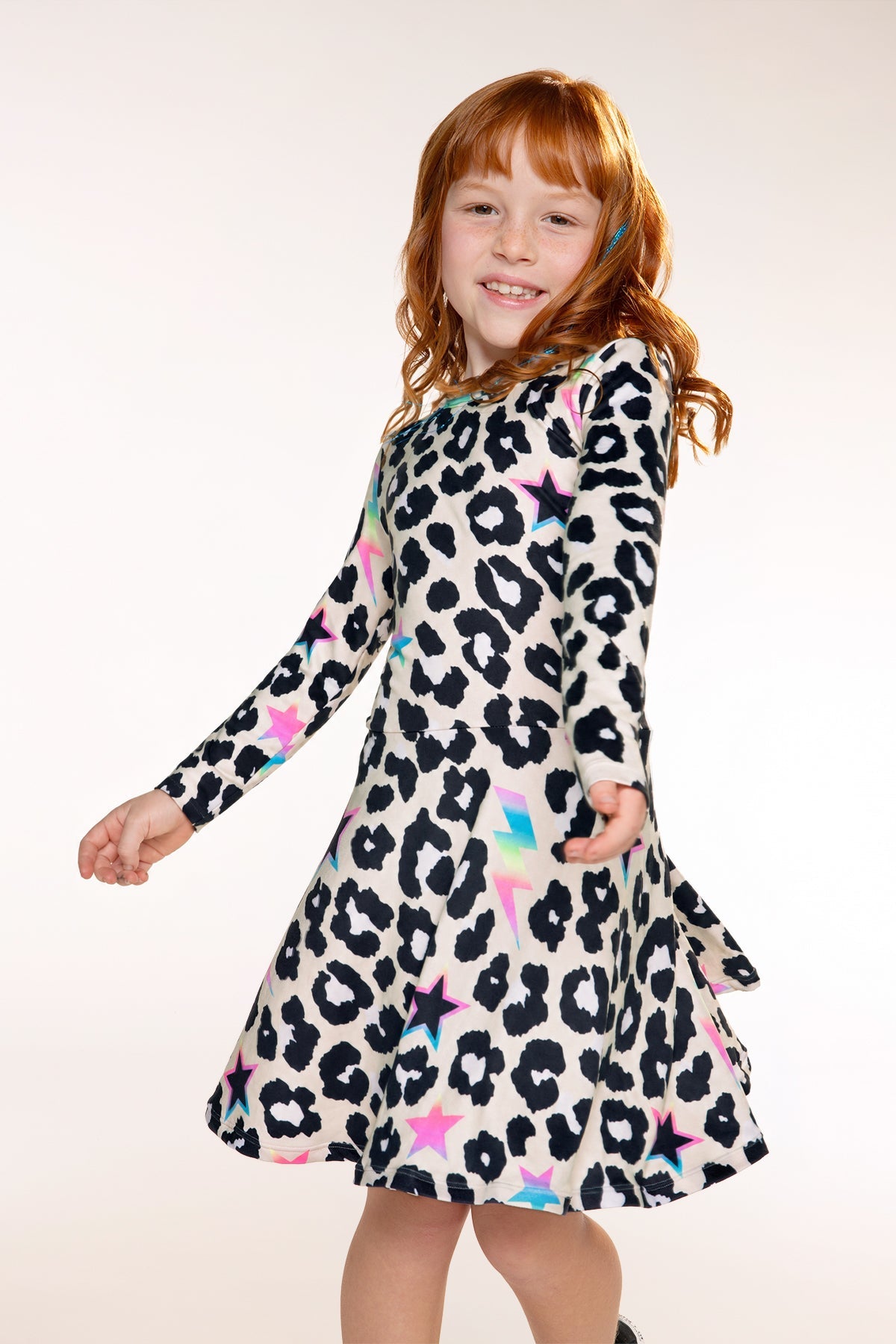 Simply Soft Long Sleeve Skater Dress - Taupe Leopard Star Bolt - NEW!