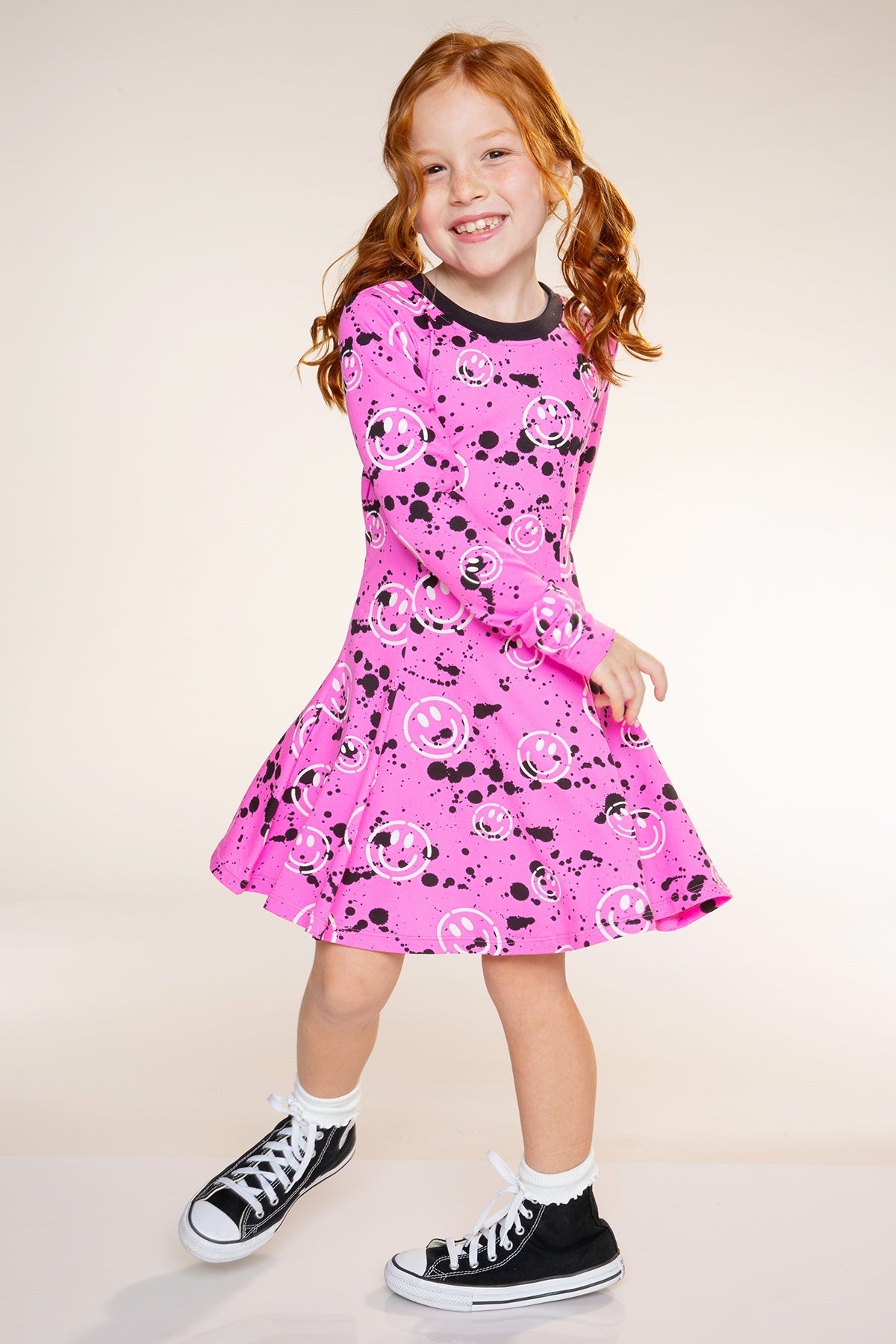 Simply Soft Long Sleeve Twirl Dress - Neon Pink Splatter Smile - NEW!