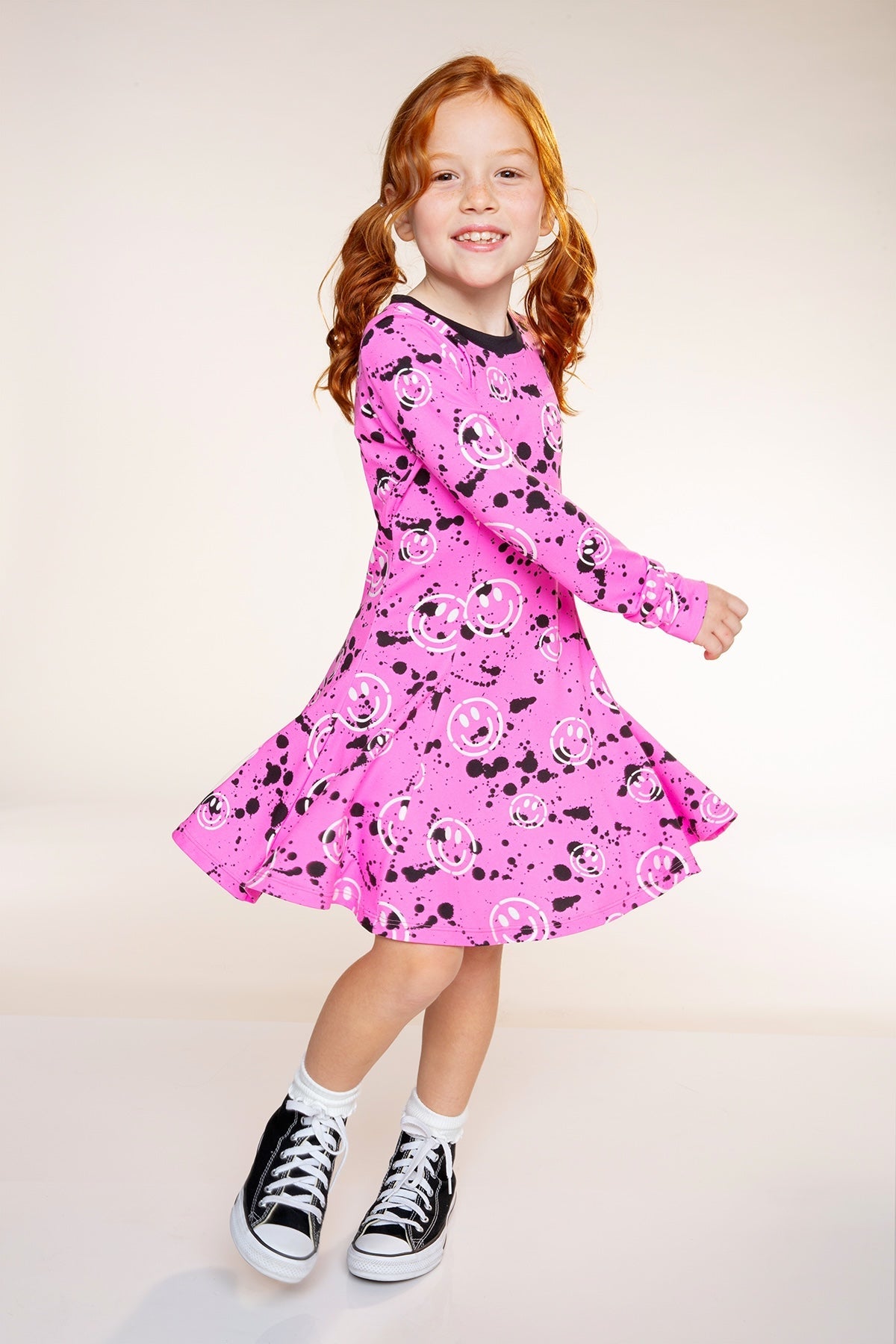 Simply Soft Long Sleeve Twirl Dress - Neon Pink Splatter Smile - NEW!