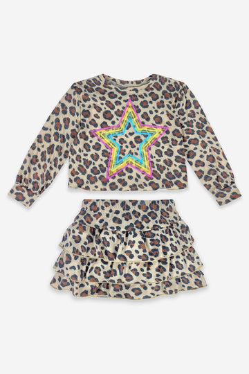 Balloon Sleeve Skimmer Sweatshirt & Ruffle Skirt Set - Leopard Rainbow Star
