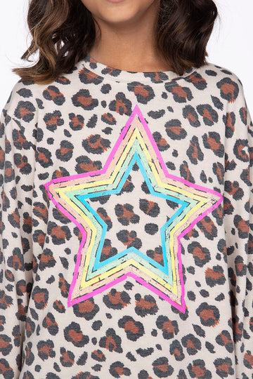 Balloon Sleeve Skimmer Sweatshirt & Ruffle Skirt Set - Leopard Rainbow Star
