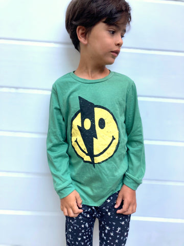 Washed Cotton Long Sleeve Tee - Green Smiley Bolt