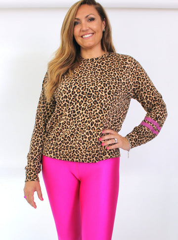 Women's French Terry Crew Sweatshirt - Leopard Pink Stripes