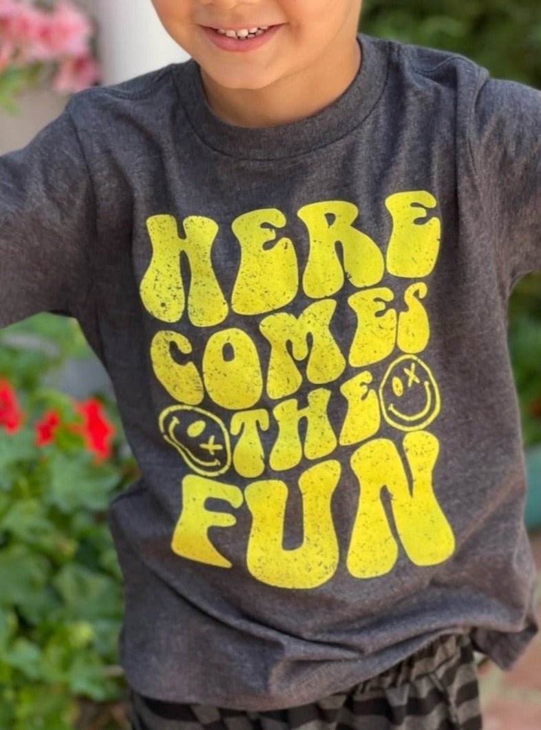 Cotton Short Sleeve Graphic Tee - Charcoal Here Comes The Fun