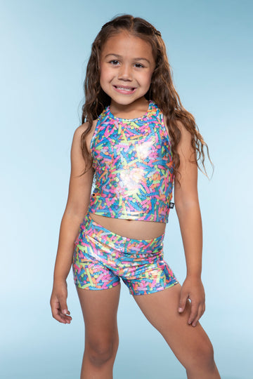 High Shine Cropped Racerback Tank & Tumble Short - Foil Rainbow Sprinkles