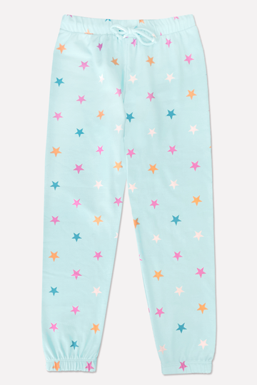 French Terry Cozy Sweatpant - Ice Mint Pink Stars
