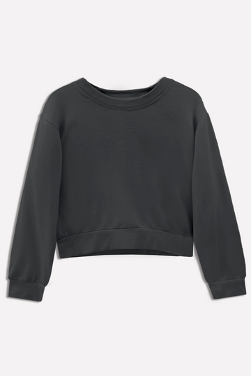 French Terry Cropped Long Sleeve Crew Sweatshirt - Black