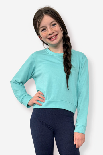 French Terry Cropped Long Sleeve Crew Sweatshirt - Tropical Blue