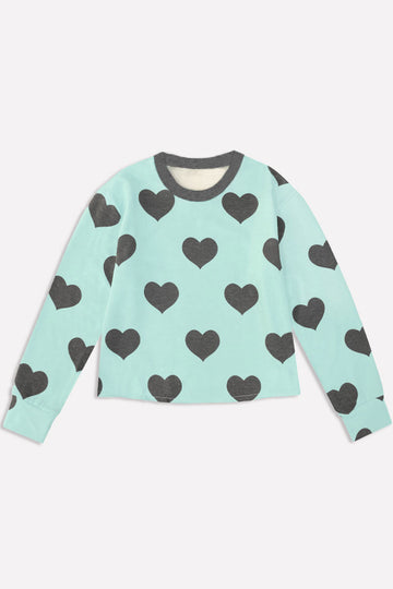 French Terry Easy Crew Sweatshirt - Ice Mint Charcoal Hearts