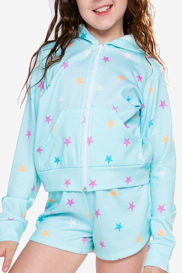 French Terry Easy Zip Hoodie - Ice Mint Pink Stars