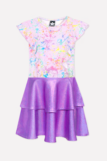 Simply Soft Flutter Ruffle Skirt Dress - Rainbow Splatter Purple Glitter