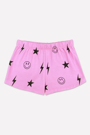 French Terry Dolphin Short - Candy Pink Star Smiley Bolts
