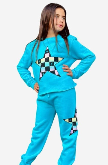 French Terry Heavyweight Cozy Sweatpant – Turquoise Checker Star
