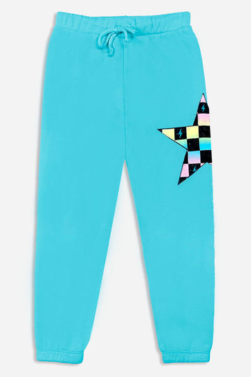 French Terry Heavyweight Cozy Sweatpant – Turquoise Checker Star