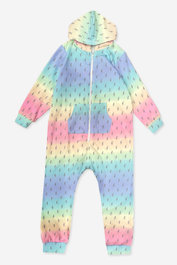 French Terry Hooded Zip Onesie - Rainbow Ombre Bolts