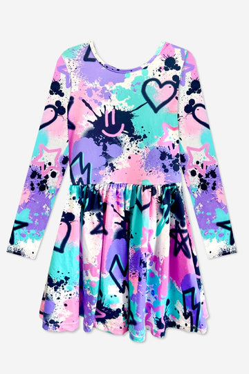 Simply Soft Long Sleeve Be Happy Dress - Purple Pink Graffiti