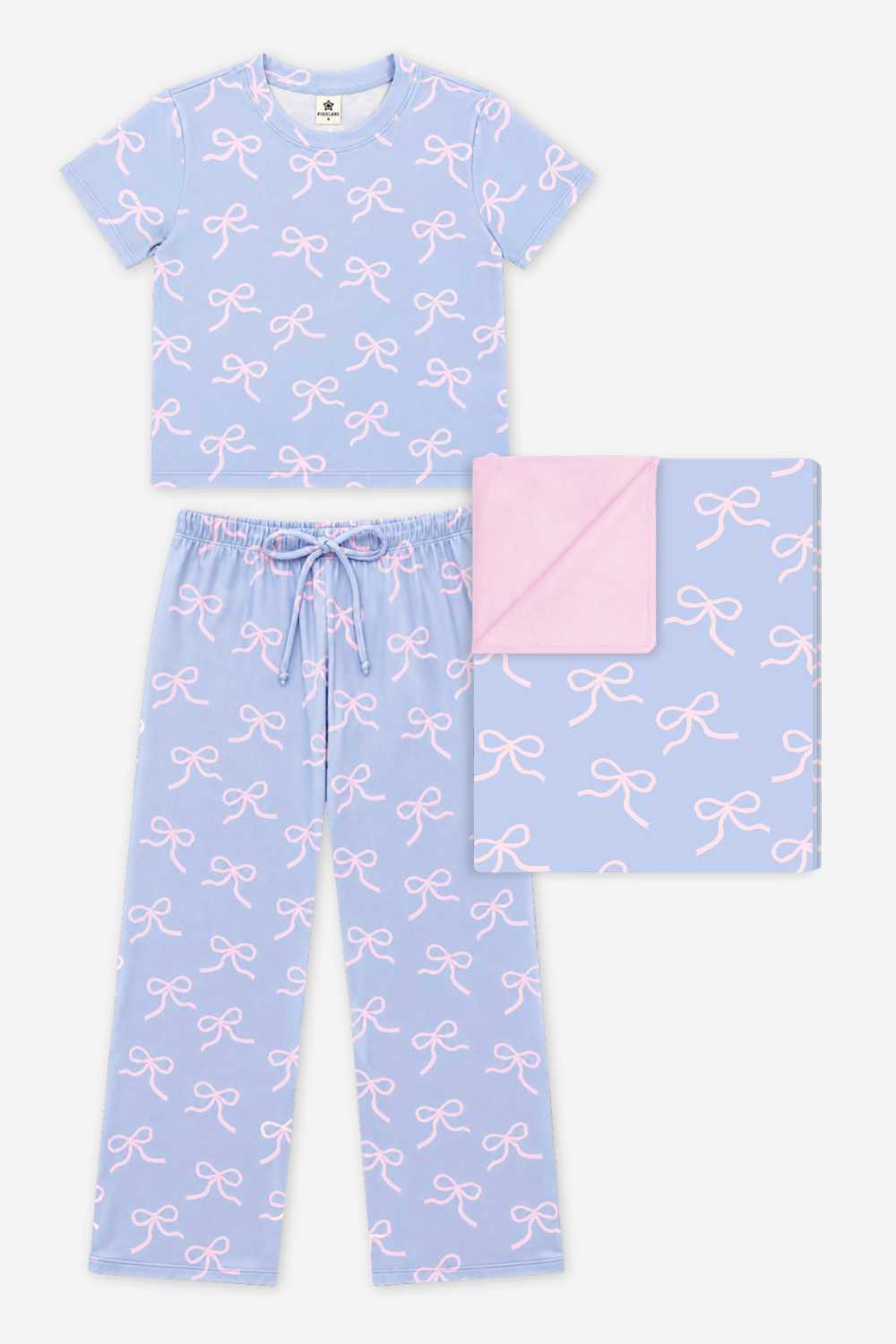 Gift Set - Simply Soft Easy Tee & Karate Pant & Cozy Blanket - Light Blue Pink Bow - NEW!