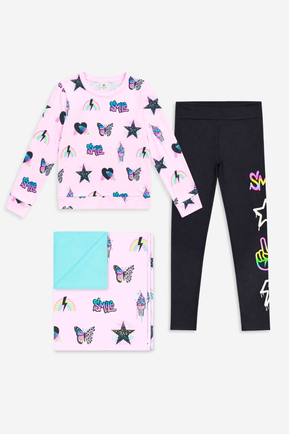 Gift Set - Simply Soft Crew, Legging & Cozy Blanket - Light Pink Multi Rainbow Charms | Black Rainbow Smile Icons - NEW!