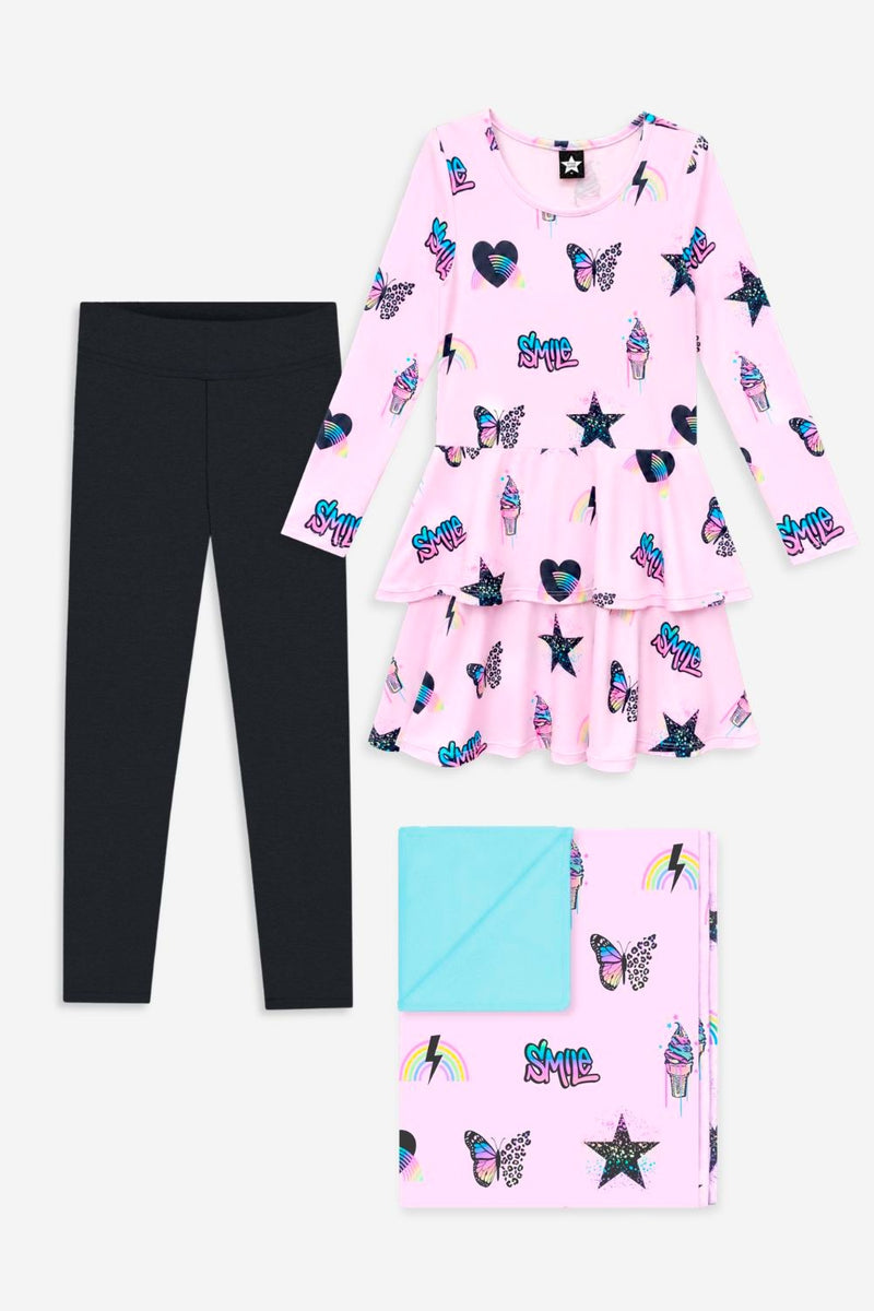 Gift Set - Simply Soft Ruffle Dress, Legging & Cozy Blanket - Light Pink Multi Rainbow Charms | Black - NEW!