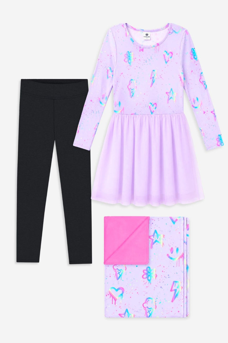 Gift Set - Simply Soft Tulle Dress, Legging & Cozy Blanket - Pastel Purple Graffiti Rainbow | Black - NEW!
