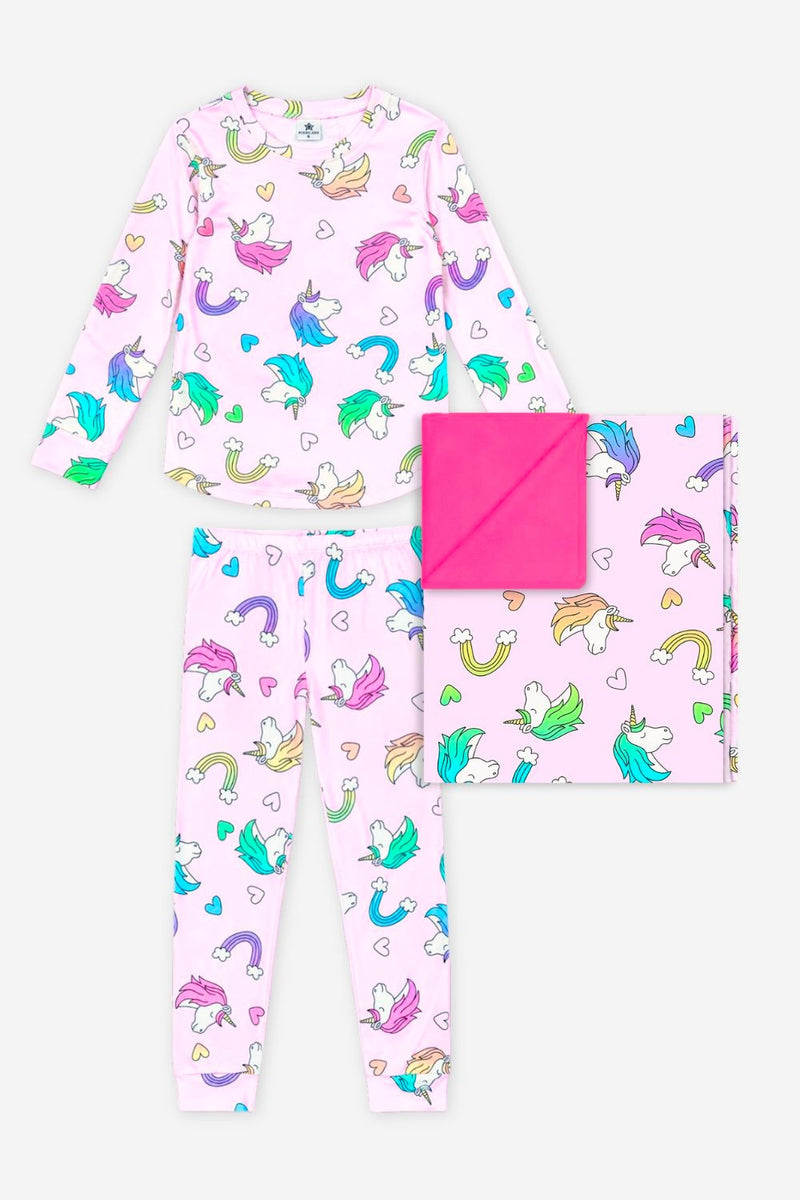 Gift Set - Slim Lounge Set & Cozy Blanket - Pink Rainbow Unicorn - NEW!