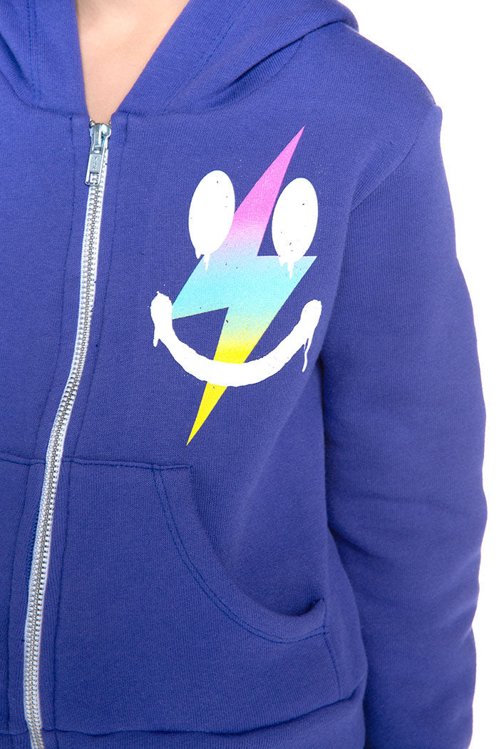 French Terry Heavyweight Easy Zip Hoodie - Blue Purple Smiley Bolt
