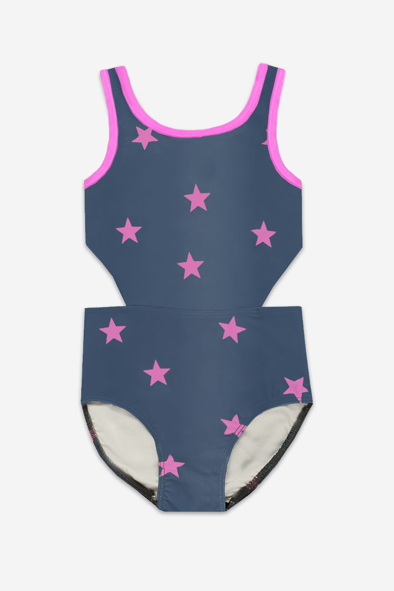High Shine Cutout One Piece Swimsuit - Charcoal Pink Stars