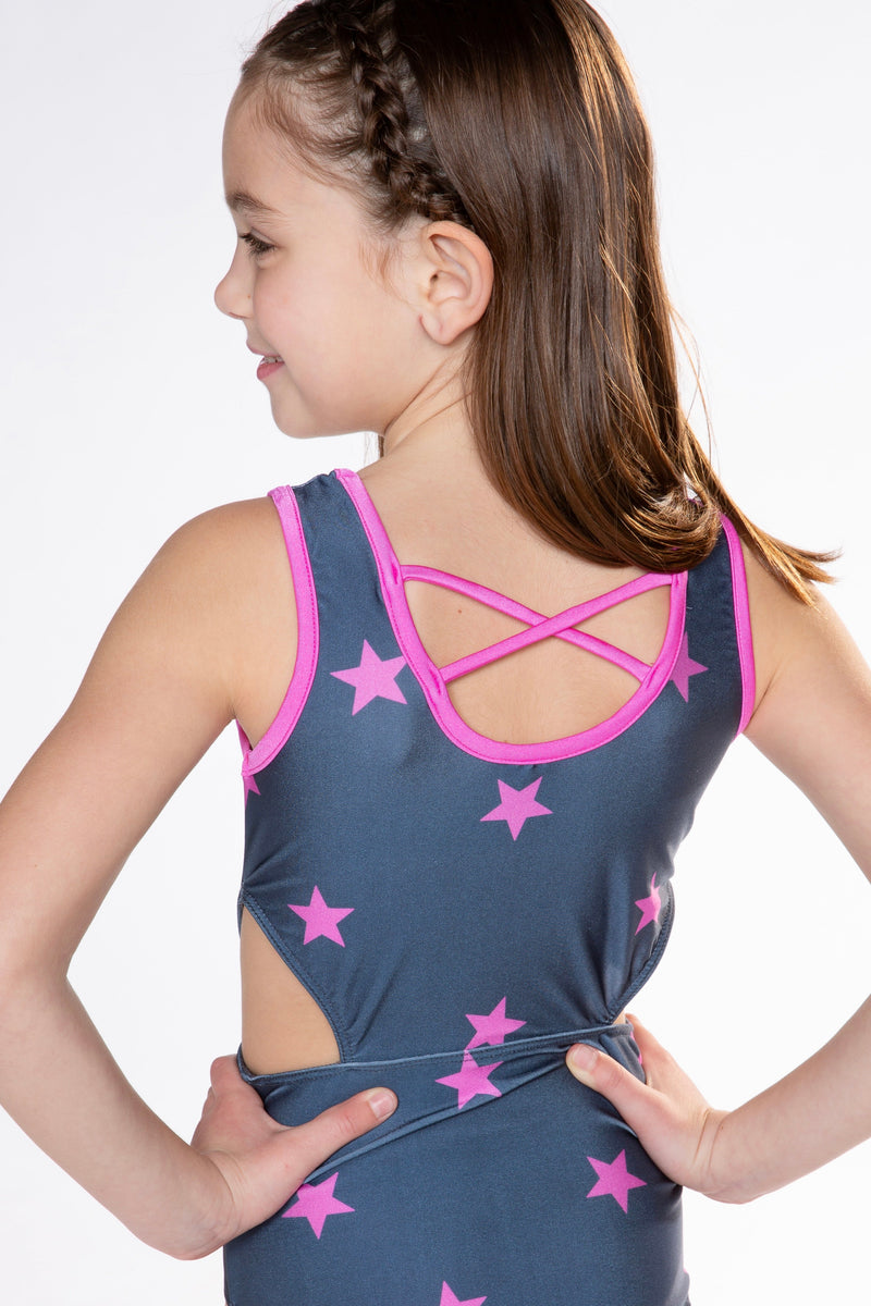 High Shine Cutout One Piece Swimsuit - Charcoal Pink Stars