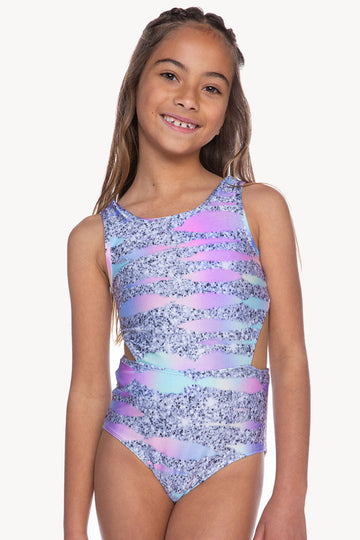 High Shine Cutout One Piece Swimsuit - Glitter Hologram Tie Dye PRE-ORDER SHIPPING STARTS 4/18