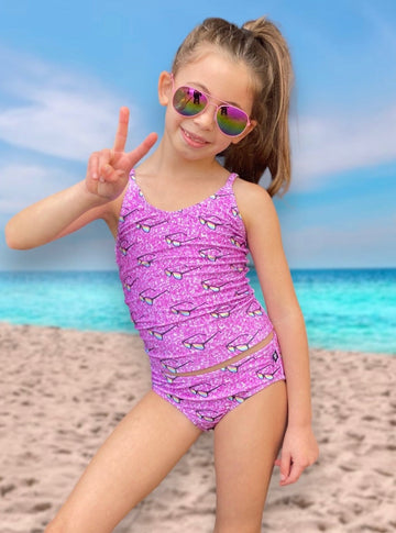 High Shine Tankini Swimsuit - Pink Glitter Sunglasses