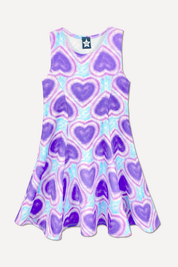 Sleeveless Twirl Dress - Purple Aqua Tie Dye Hearts