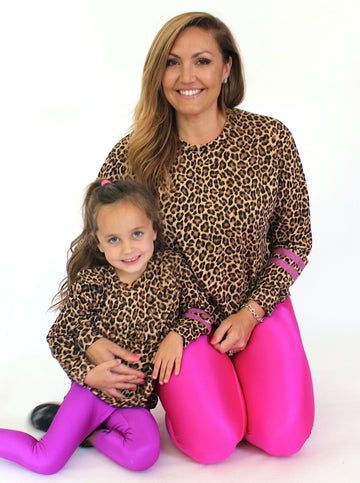 Long Sleeve V Ruffle Crew Sweatshirt - Leopard Pink Stripes