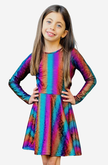 Long Sleeve Skater Dress - Rainbow Glitter