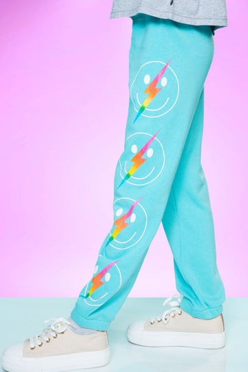 Cotton Soft French Terry Cozy Sweatpant - Neon Turquoise Bolt Smile