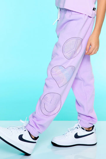 Cotton Soft French Terry Sweatpant ••• - Lilac Peace Love Rhinestone