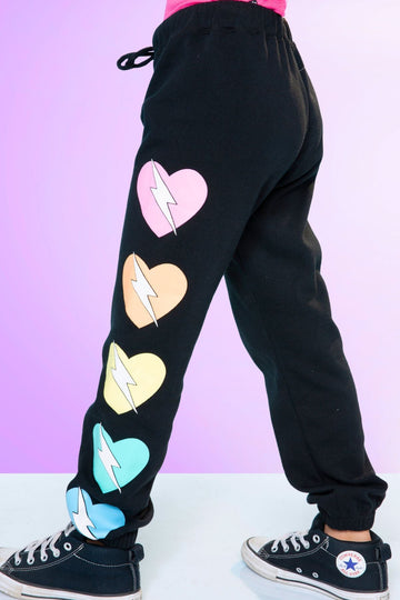 Cotton Soft French Terry Cozy Sweatpant - Black Pink Heart Bolt