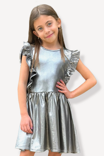 Sleeveless Ruffle Be Happy Dress - Silver Glitter Foil