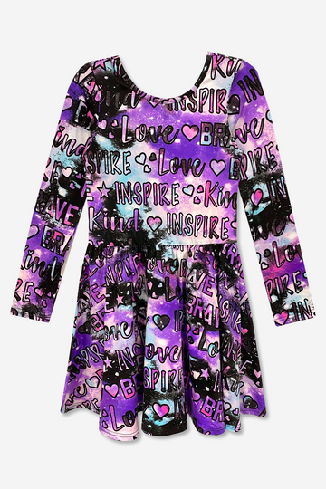 Long Sleeve Be Happy Dress - Black Lilac Graffiti Words