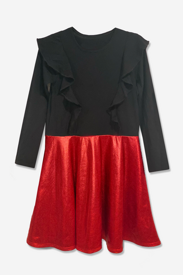 Baby Long Sleeve Ruffle Skater Dress - Black Red Lamé