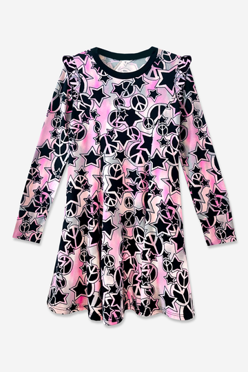 Long Sleeve Ruffle Twirl Dress - Pink Black Peace Star