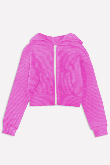 Luxe Ribbed Drop Shoulder Cropped Zip Hoodie - Magenta Pink