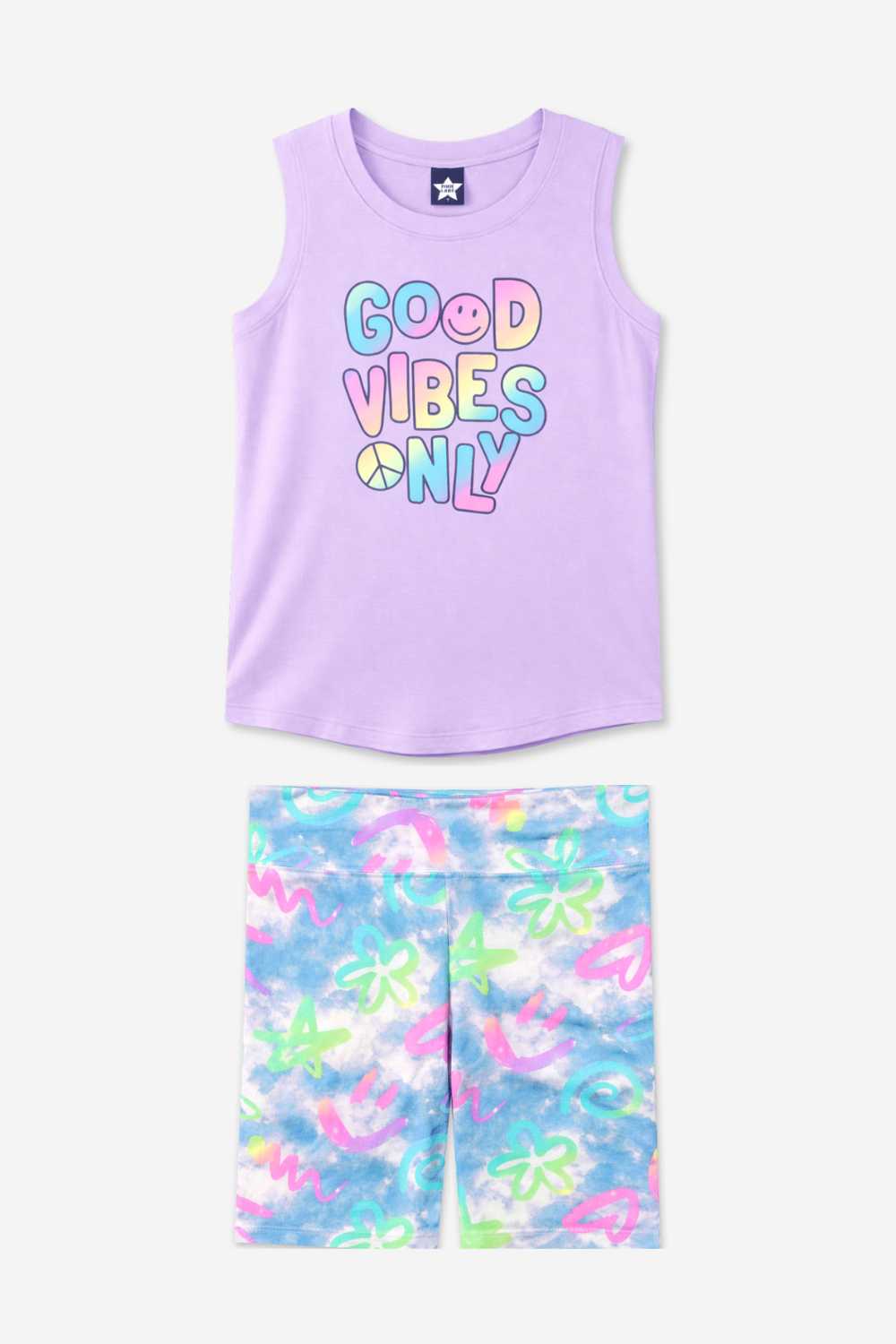 Modal Shirttail Tank & Biker Set - Lavender Good Vibes | Denim Rainbow Graffiti