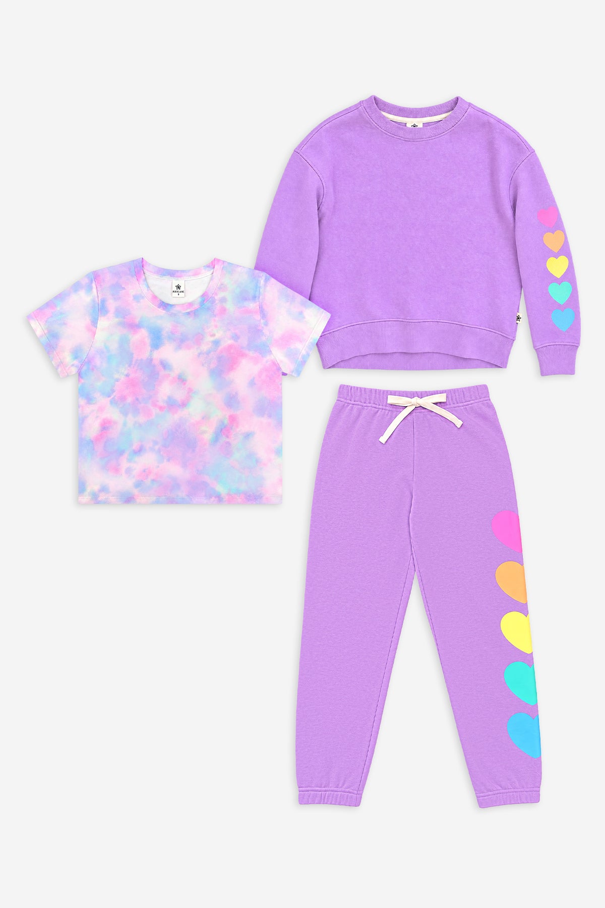 3 Pack Cloud Soft Sweatshirt, Sweatpant & Easy Tee Set - Purple Tie Dye Love