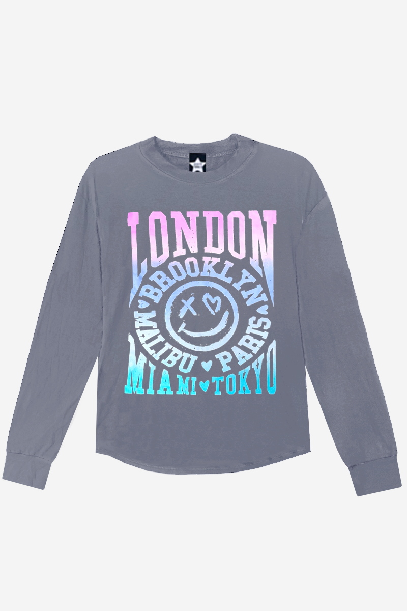 Modal Long Sleeve Shirttail Top - Grey Pink Cities