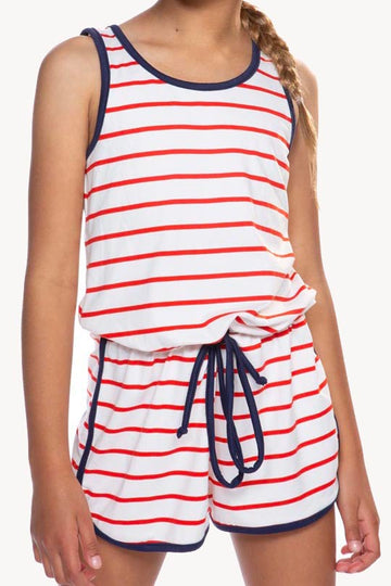Simply Soft Dolphin Hem Short Romper - Red Ivory Stripes PRE-ORDER SHIPPING STARTS 6/24
