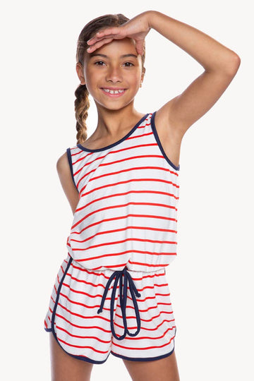 Simply Soft Dolphin Hem Short Romper - Red Ivory Stripes PRE-ORDER SHIPPING STARTS 6/20