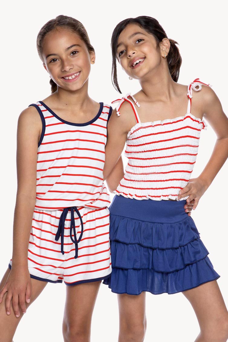 Simply Soft Dolphin Hem Short Romper - Red Ivory Stripes PRE-ORDER SHIPPING STARTS 6/20