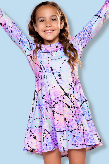 Simply Soft Long Sleeve Twirl Dress - Lilac Leopard Splatter