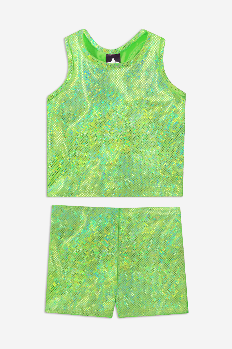 Cropped Racerback Tank & Tumble Short - Silver Lime Glitter